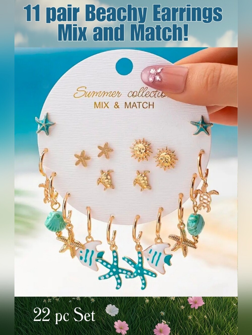 Beachy Gold & Turquoise Earring Set - 11 Pair Mix & Match - Picture 1 of 1